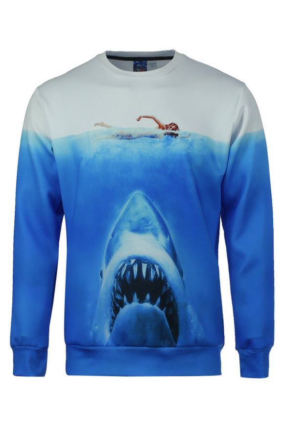 Equipé Mode Motif col rond 3D Shark coton de manches longues hommes Sweat Blend - Bleu et Blanc M