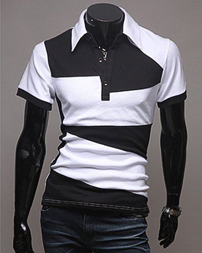

Laconic Turn-Down Collar Color Block Spliced Short Sleeve Men's Polo T-Shirt, White