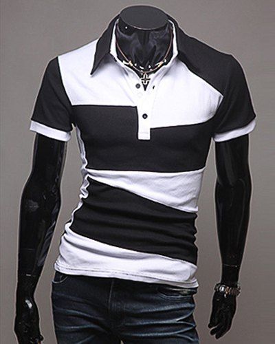 T-shirt Polo Simple Contrastant à Manches Courtes Pour Homme - Noir XL