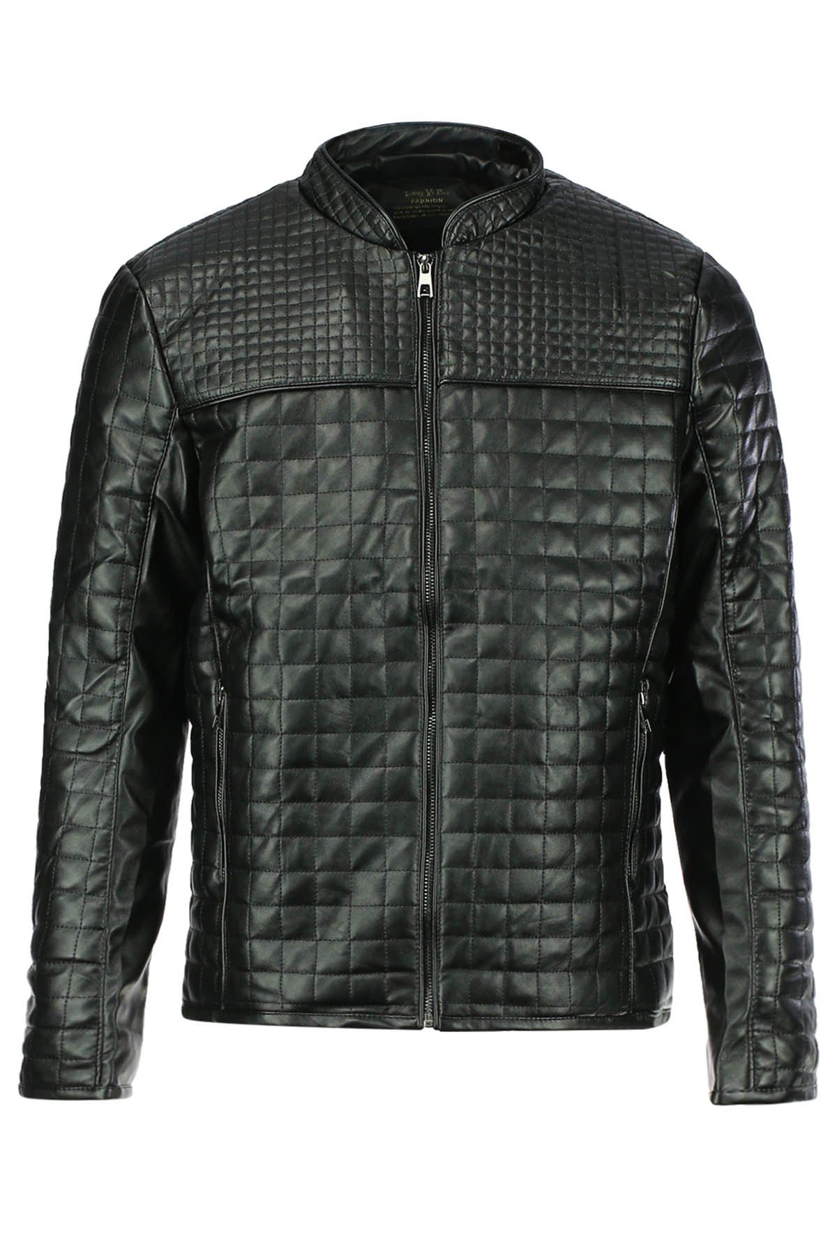 

Checked Stand Collar Long Sleeve PU-Leather Slimming Men's Jacket, Black