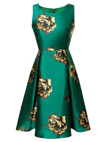 Vintage Round Neck sans manches imprimé floral évasé robe de femme - Vert S