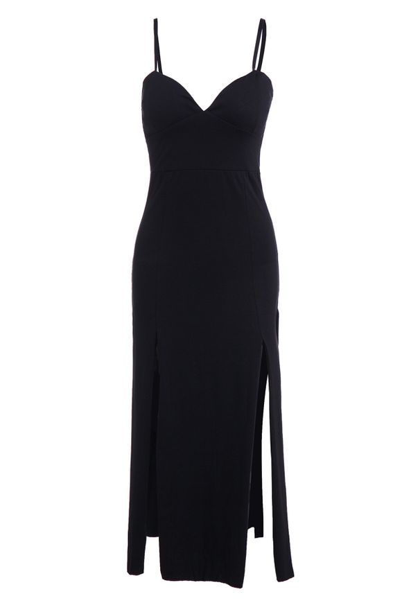 Stylish Spaghetti Strap Slit Solid Color Women's Maxi Dress - Noir XL