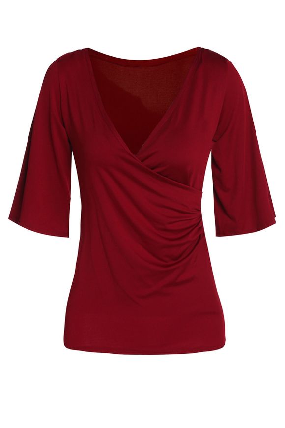 Stylish Half Sleeve Plunging Neck Solid Color Women's T-Shirt - Violacé rouge M