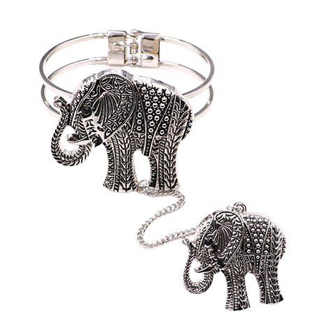 Superbe Embossed Elephant Bracelet avec anneau pour les femmes - Argent 
