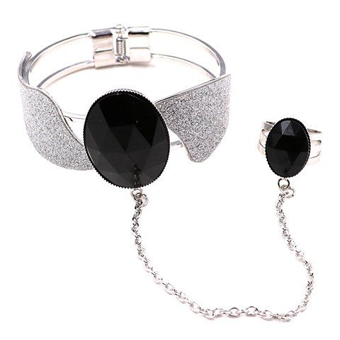 Superbe Faux Gem Hélice Bracelet avec anneau pour les femmes - Argent et Noir 