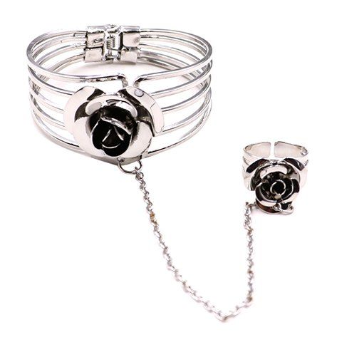 Superbe 3D Fleur évider Bracelet avec anneau pour les femmes - Argent 