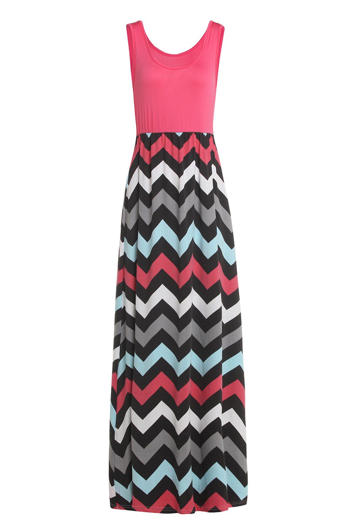 

Sleeveless Scoop Neck Striped Long Dress, Watermelon red