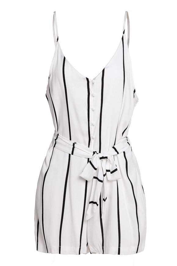 Élégant Spaghetti Strap Bouton Romper Design Femmes Striped - Blanc S