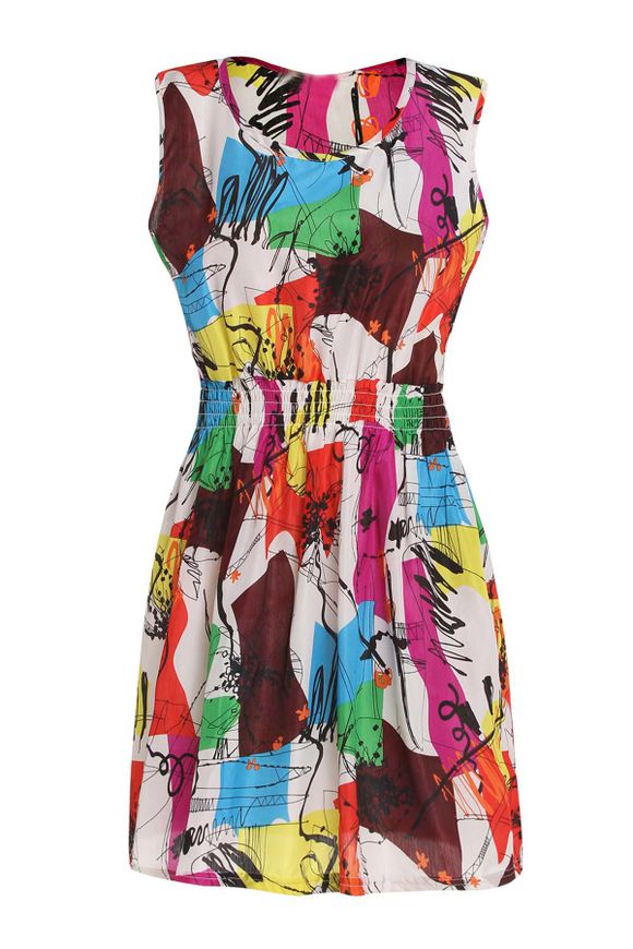 Casual Sleeveless Scoop Collar Elastic Waist Printed Chiffon Women's Dress - multicolore S
