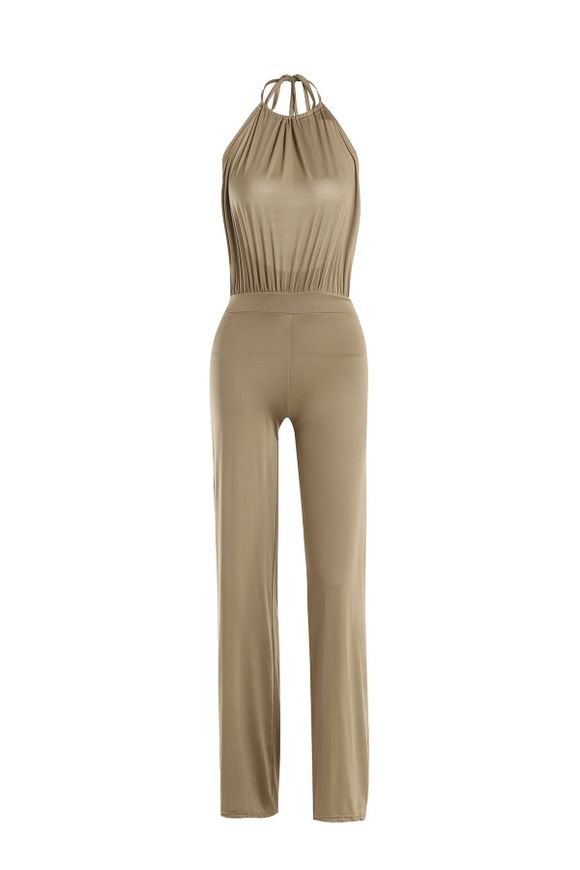 Sexy col rond manches solide Jumpsuit sa couleur Backless femmes - Kaki M