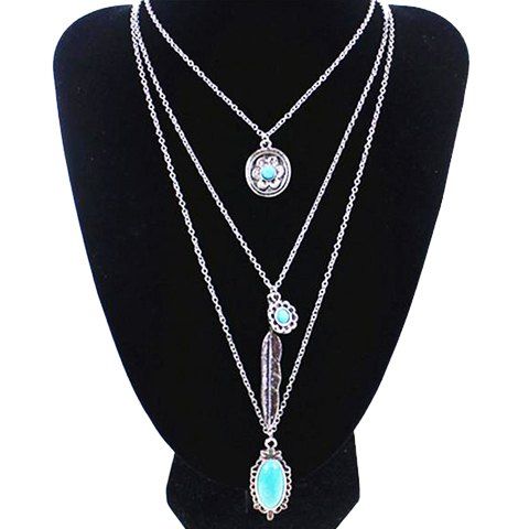 

Gorgeous Multilayer Faux Turquoise Feather Flower Pendant Sweater Chain For Women, Silver