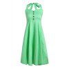 Polka Dot Halterneck Vintage Bouton Dress Design Femmes - Vert S