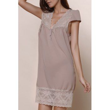 

Sexy Plunging Neck Short Sleeve Solid Color Laciness Women's Dress, Khaki