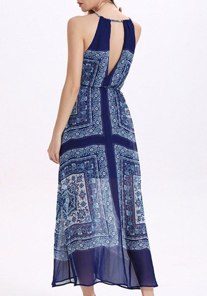 Trendy Sleeveless Chiffon Hollow Out Printed Women's Dress - Bleu profond L