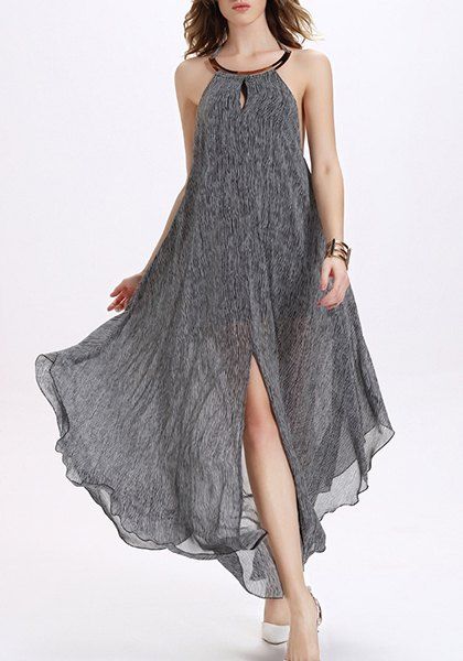 Trendy Sleeveless Halter Slit Backless Asymmetrical Women's 's Robe - Gris 2XL