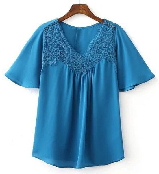 Stylish Women's V-Neck Lace Splicing Butterfly Sleeve Blouse - Bleu S