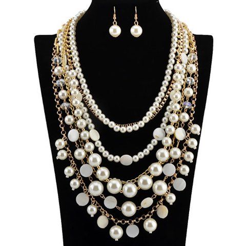 Un costume de magnifique Multilayer Collier de perles Faux et boucles d'oreilles pour les femmes - Blanc et Or 