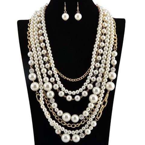 A Suit of Gorgeous Multilayer Pearls Chain Necklace and Earrings For Women - Blanc et Or 