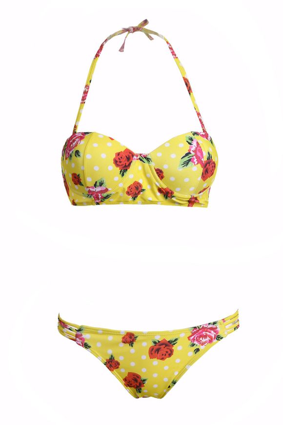Halter Floral Imprimer Sweet Bikini Set - Jaune M
