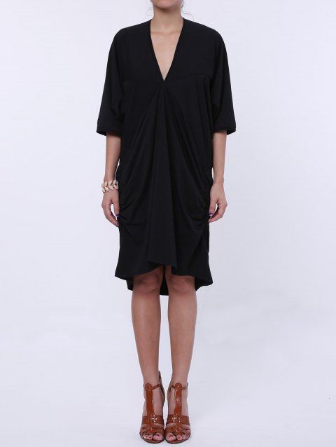 Casual Plunging Neck 3/4 Batwing Sleeve Ruffled Solid Color Women's Dress