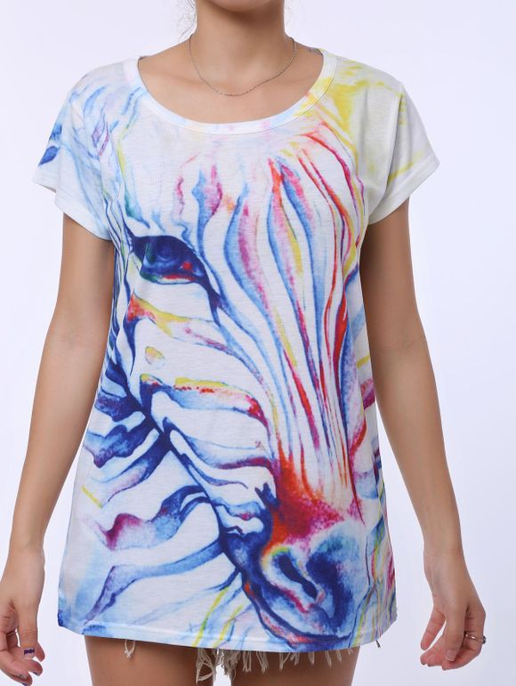 Scoop Neck Aquarelle Imprimer manches T-shirt court simples de femme - Blanc ONE SIZE(FIT SIZE XS TO M)