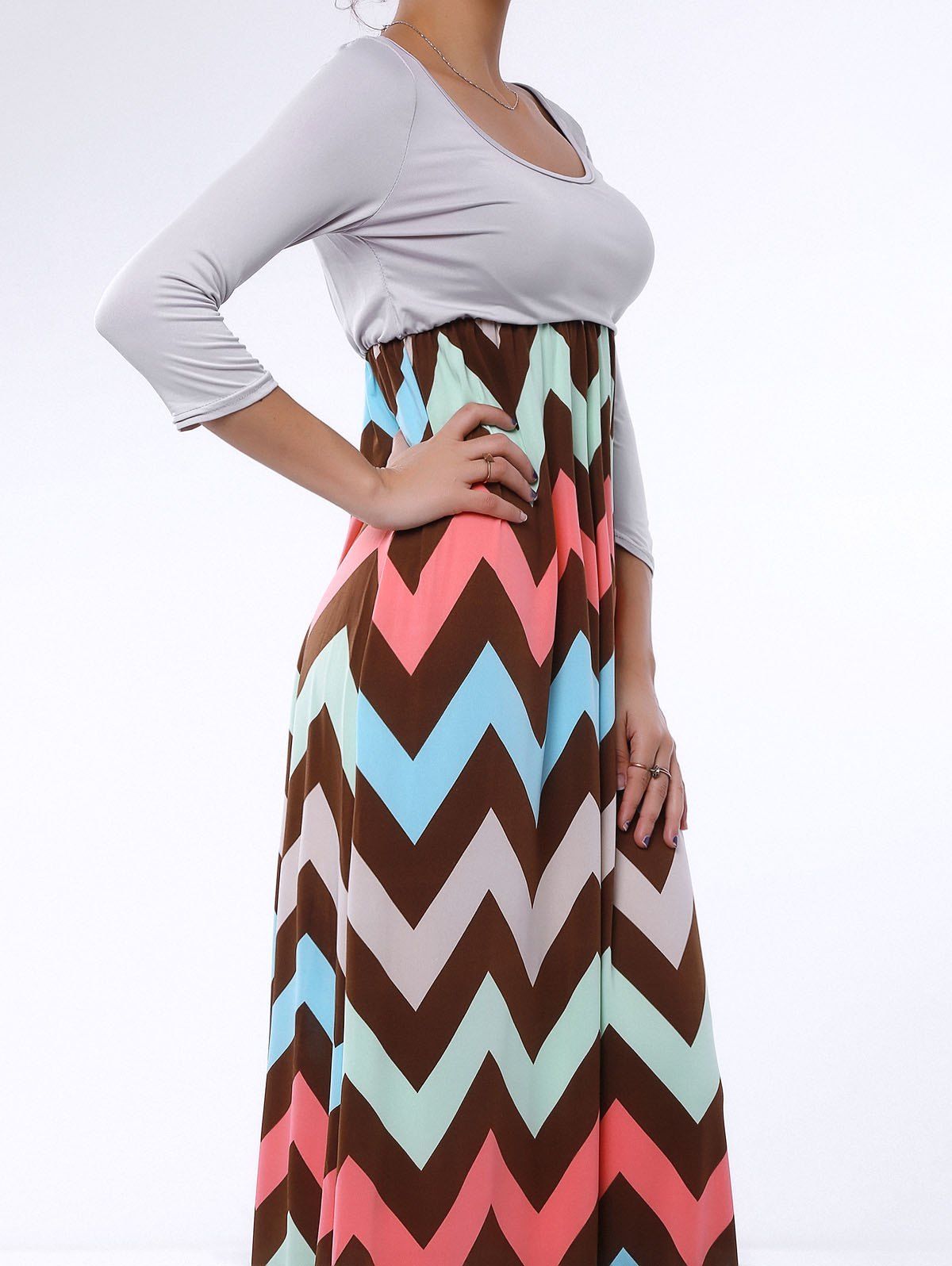 2018 Bohemian 3/4 Sleeve Scoop Collar Zig Zag Women's Maxi Dress COLORMIX XL In Maxi Dresses