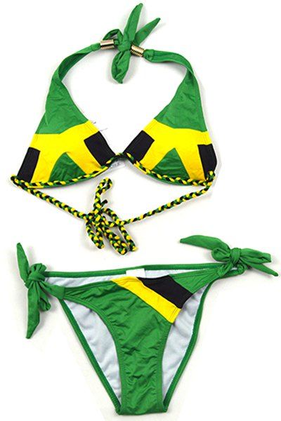 Flag Imprimer Woven Strap Embellished Halter Bikini pour les femmes - Vert S