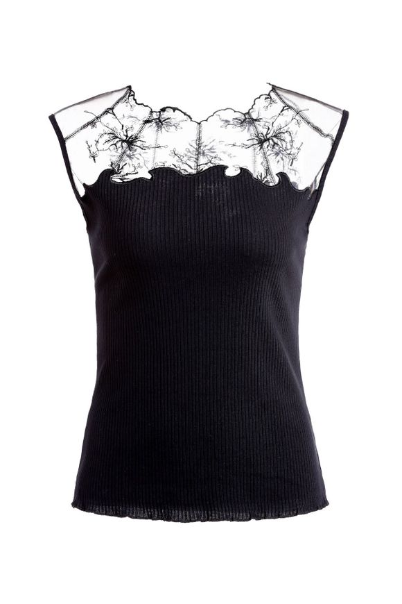 Fashionable Embroidered Slimming Lace Spliced Women's T-Shirt - Noir ONE SIZE(FIT SIZE XS TO M)