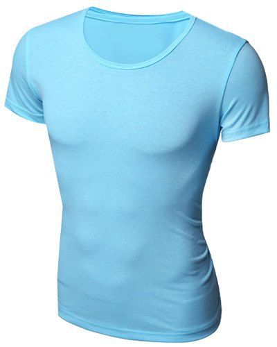 Simple Style col rond T-shirt de couleur à manches courtes hommes solides - Azur M