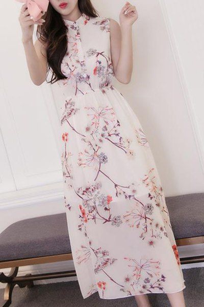 Doux Floral stand boutonnée Collar Women Dress  's - Blanc Cassé S