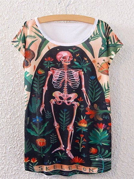 Fashionable Women's Short Sleeve Human Skeleton and Floral Print T-Shirt - Blanc ONE SIZE(FIT SIZE XS TO M)