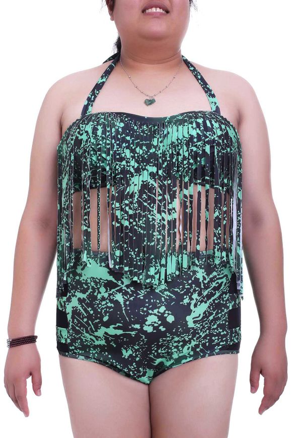 Trendy Plus Size Fringed Halter Bikini For Women - Vert 2XL