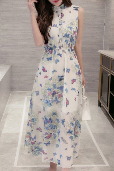 Papillon doux Imprimer stand boutonnée Collar Women Dress  's - Blanc XL
