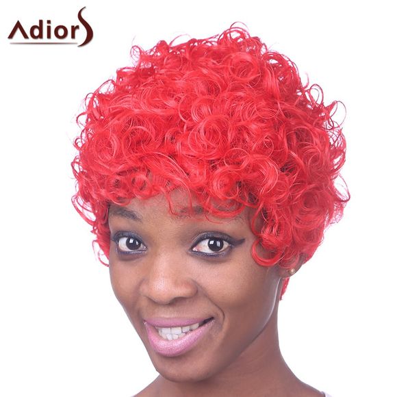 Mode court Rouge capless Fluffy Curly Incliné Heat Bang femmes résistant fibre perruque - Rouge 