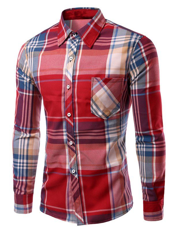 

Long Sleeve Checked Print Turn-Down Collar Men's Shirt, Red
