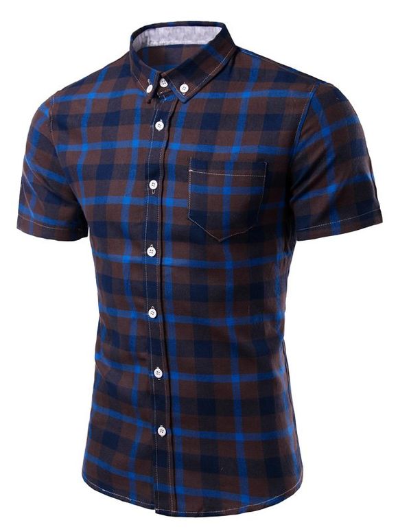 Checked Pattern Turn-Down Collar Slimming Short Sleeve Men's Shirt - Bleu XL