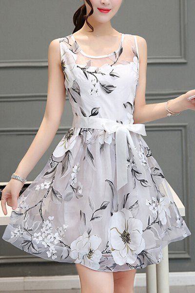 Trendy Voile Splicing Scoop Neck manches imprimé floral A-ligne de robe pour les femmes - Blanc S