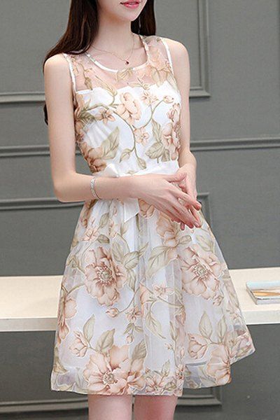 Trendy Scoop Neck manches Voile Splicing Floral Print A-ligne de robe pour les femmes - d'or S