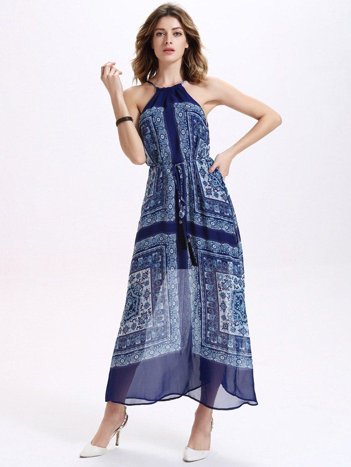 Chiffon Halter Printed Sleeveless Maxi Dresses