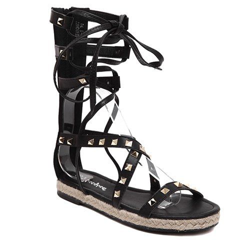 Rome Style Rivet and Lace-Up Design Women's Sandals - Noir 37