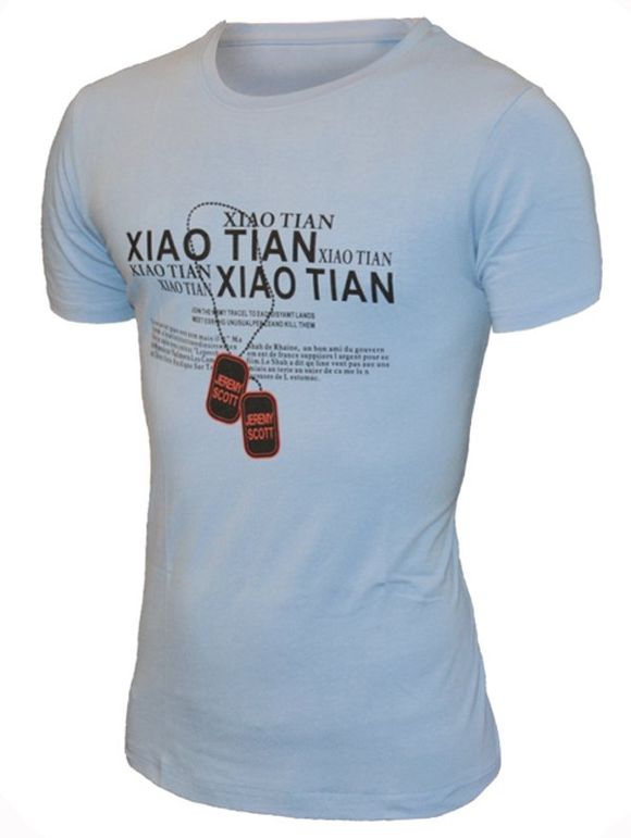 T-shirt col rond Lettres motif imprimé à manches courtes hommes  's - Bleu clair XL