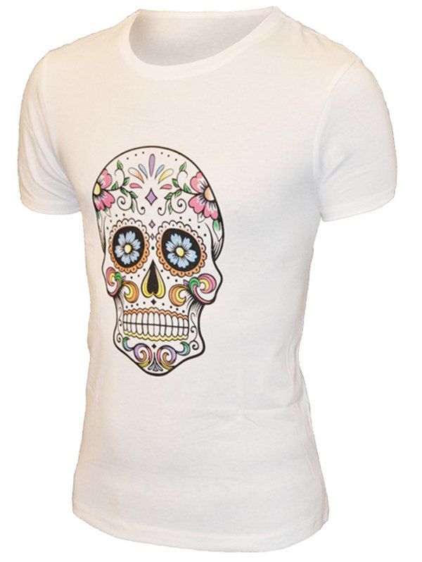 

Round Neck Skull Print Pattern Short Sleeve Men's T-Shirt, White