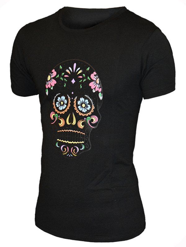 

Round Neck Skull Print Pattern Short Sleeve Men's T-Shirt, Black