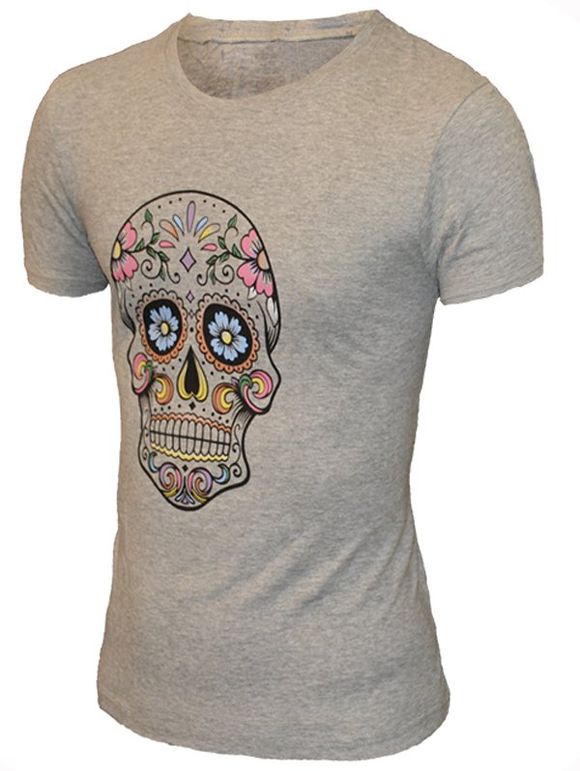 T-Shirt Manches Courtes à Col Rond Motif à Imprimé Crâne pour Hommes - Gris L