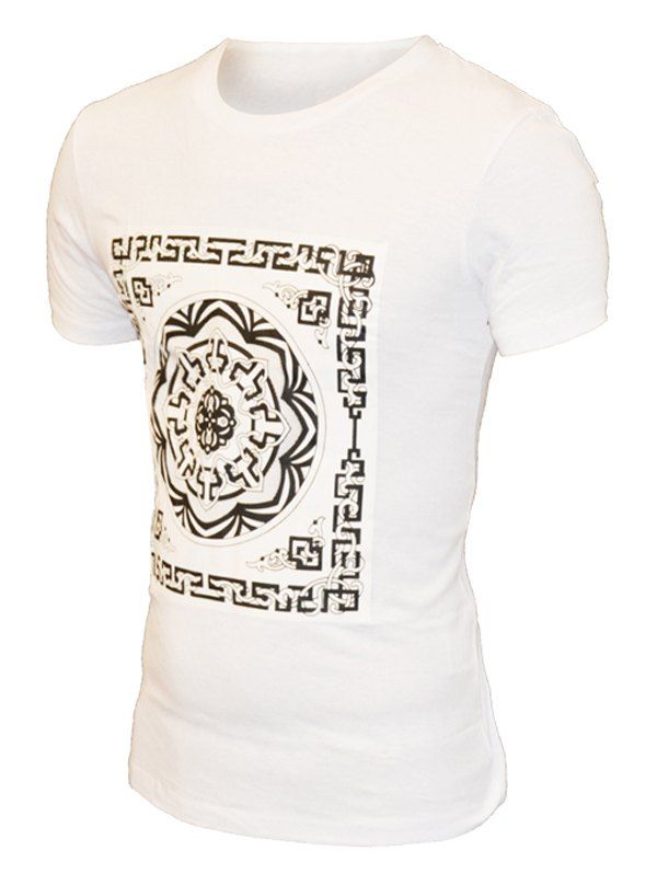 

Round Neck Geometric Flower Pattern Short Sleeve Men's T-Shirt, White