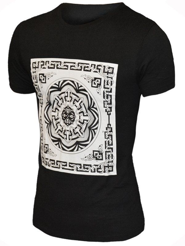 

Round Neck Geometric Flower Pattern Short Sleeve Men's T-Shirt, Black