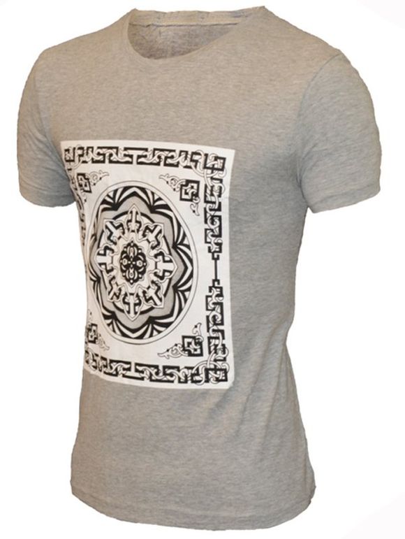 T-Shirt Manches Courtes à Col Rond Motif Fleur et Géométrie pour Hommes - Gris 2XL