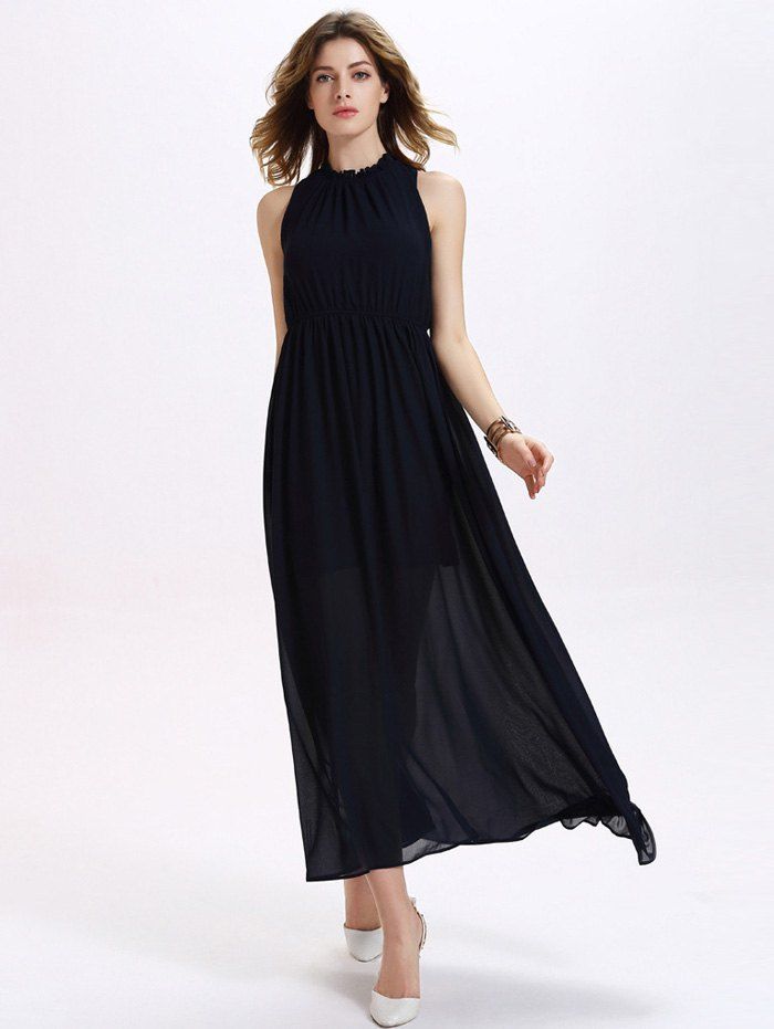 17 Off 2021 Trendy Ruffled Neck Backless Sleeveless Elastic Waist Womens Chiffon Maxi Dress 9301