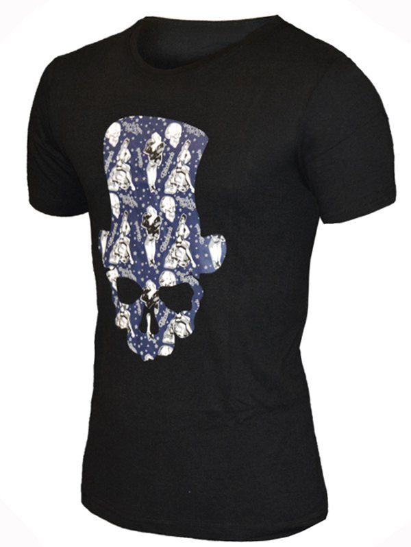 

Round Neck Hat Skull Print Pattern Short Sleeve Men's T-Shirt, Black
