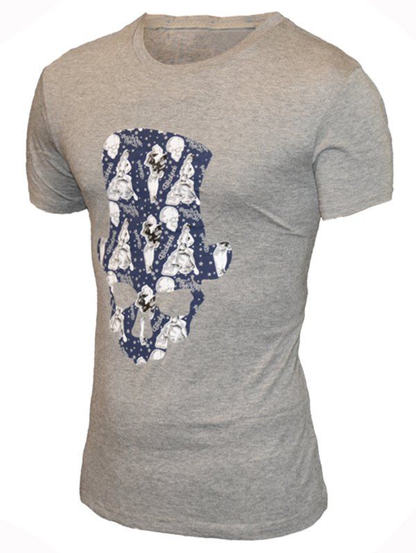 

Round Neck Hat Skull Print Pattern Short Sleeve Men's T-Shirt, Gray